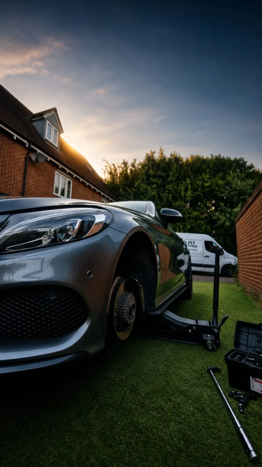 A silver Mercedes raised on a trolley jack at dusk with its front wheel removed, the Fly Tyres van parked alongside.